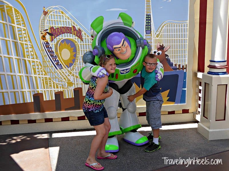My grandkids loved character meet-ups at Disneyland including photo opp with Buzz Lightyear on their first Disney visit in 2014.