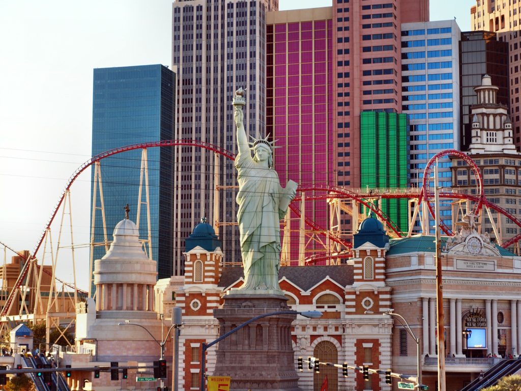 Ride The Big Apple Coaster for Thrills atop the New York New York Hotel Casino.