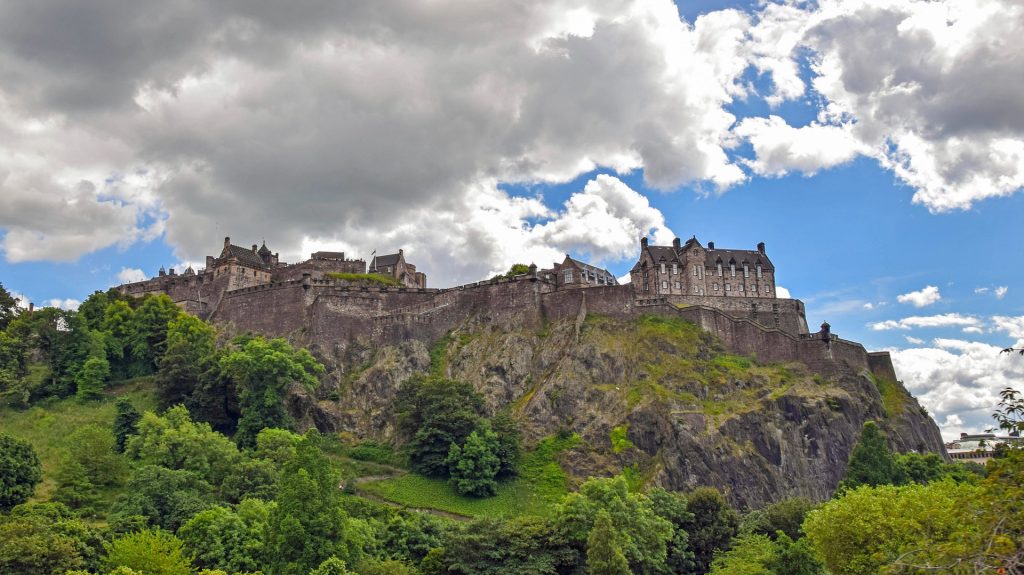 Dominating the Scottish skyline is the Edinburgh Castle, a historic fortress. 