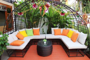 Outdoor patio furniture ideas include lounger, patio sets, day beds, hammocks, swings, and fire tables.